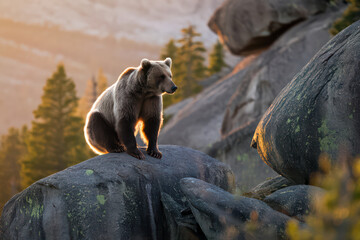 Young brown bear perched atop a sunlit rock.