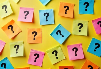 Colorful sticky notes with question marks on bright yellow background. Many colorful notes scattered on surface. Notes symbolize ideas, questions. Vibrant colors, questions suggest brainstorming