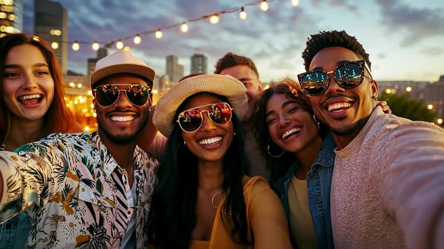 Diverse group of friends taking a selfie at a party. Smiling faces, city lights, and reflections in sunglasses create a vibrant nightlife atmosphere. Pov footage