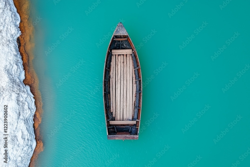 Poster boat is floating in a lake with a brownish tint