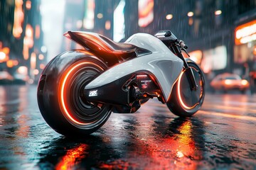 Futuristic motorcycle with neon lights on the back and front