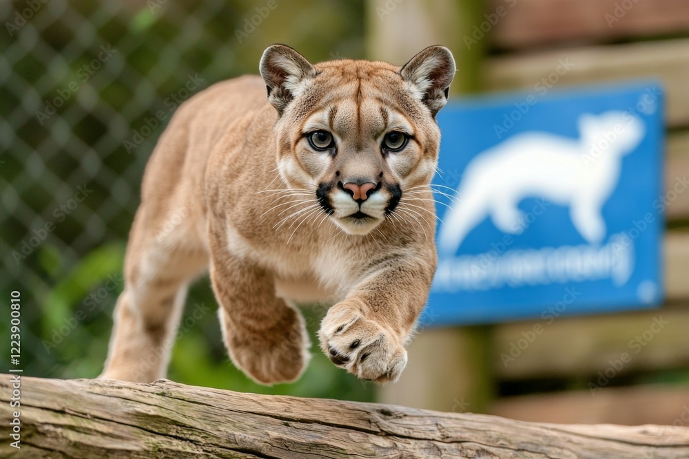 Poster baby puma is running across a log in front of a sign that says 