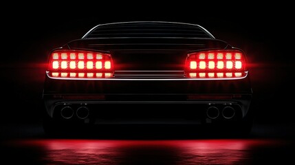 Rear view of a classic black sports car with illuminated taillights at night.