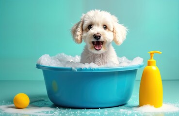Cute fluffy white dog enjoys bath time. Happy puppy sits in blue plastic tub filled with suds, bubbles. Fun pet grooming session. Pet hygiene concept. Playful dog with rubber duck, shampoo bottle.