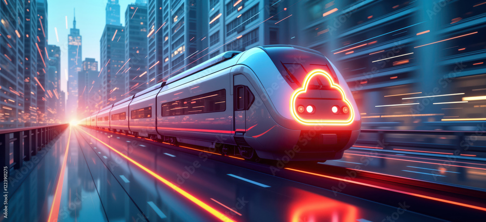 Poster futuristic train speeding through city at night. cloud computing symbol glowing on train. fast trans
