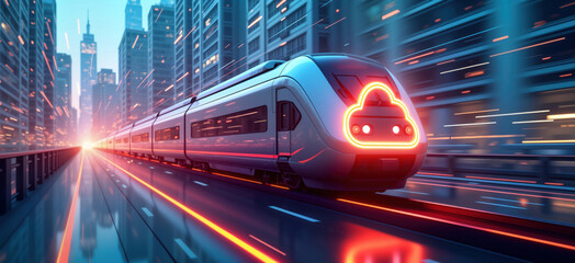 Fototapeta premium Futuristic train speeding through city at night. Cloud computing symbol glowing on train. Fast transportation, data transfer concept. Cityscape background blurs with motion. Modern tech, networking.