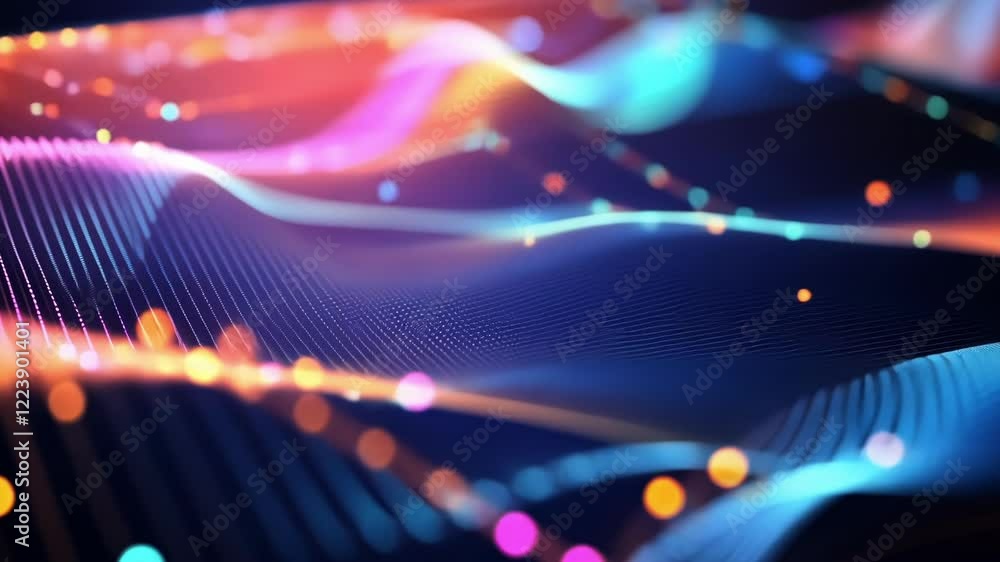 Poster glowing particles flowing and forming a dynamic wave pattern on a digital screen, visualizing comple
