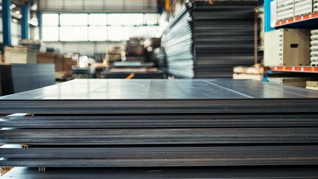 Metal sheets are neatly stacked on wooden pallets in a bustling factory, awaiting further processing and highlighting the organized nature of industrial environments