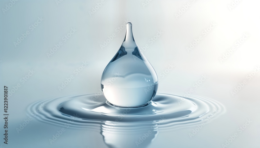 Poster Clear water drop sits on white surface creating soft shadow. Pure liquid droplet shows clear texture, sparkle. Minimalist design for abstract concepts. Visual representation of nature element.