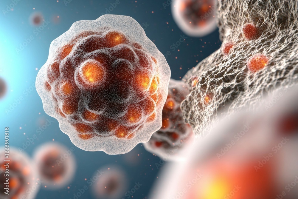 Poster close up of a cell with many small red dots surrounding it