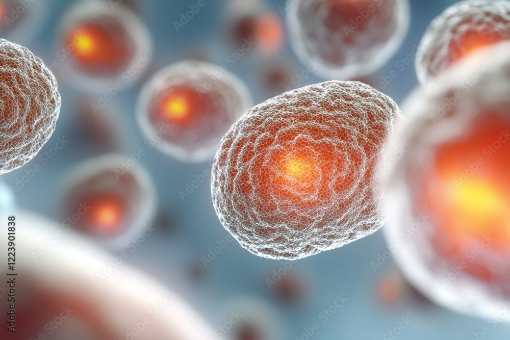Poster close up of a cell with a red center and a white outer shell