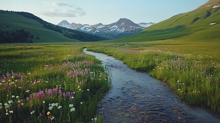 Serene mountain stream flows through vibrant wildflowers in a verdant valley.