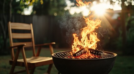 Outdoor bbq fire on grill in garden nature evening view