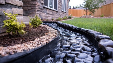 Modern landscaping design featuring a dry creek bed with river rocks and edging.