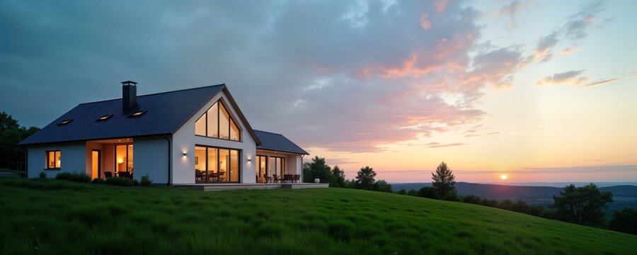 Evening rural scene. Beautiful sunset over green meadow. Modern house in background with lights on. Scenic countryside landscape. Natural view of residential home with outdoor area. Tranquil evening