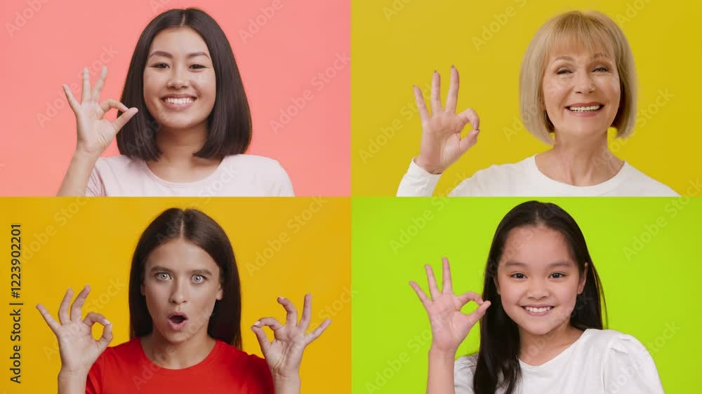 Poster a cheerful collection of faces from various backgrounds making positive gestures. each person expres