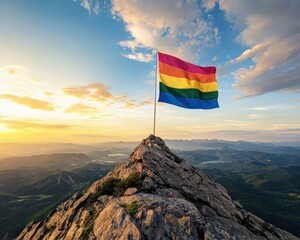 A pride flag being proudly displayed on a mountaintop.