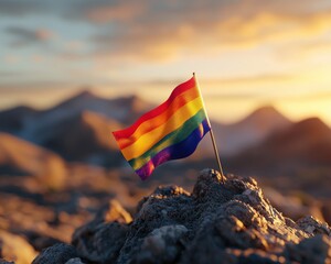 A pride flag being proudly displayed on a mountaintop.