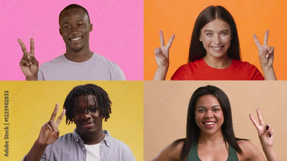 Poster A collection of multiracial individuals showcasing different emotions and gestures against colorful backgrounds. Each person engages with their unique expression, highlighting diversity and unity.