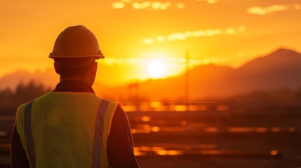 Fototapeta premium Worker in Safety Gear Observing Sunset at Solar Energy Field