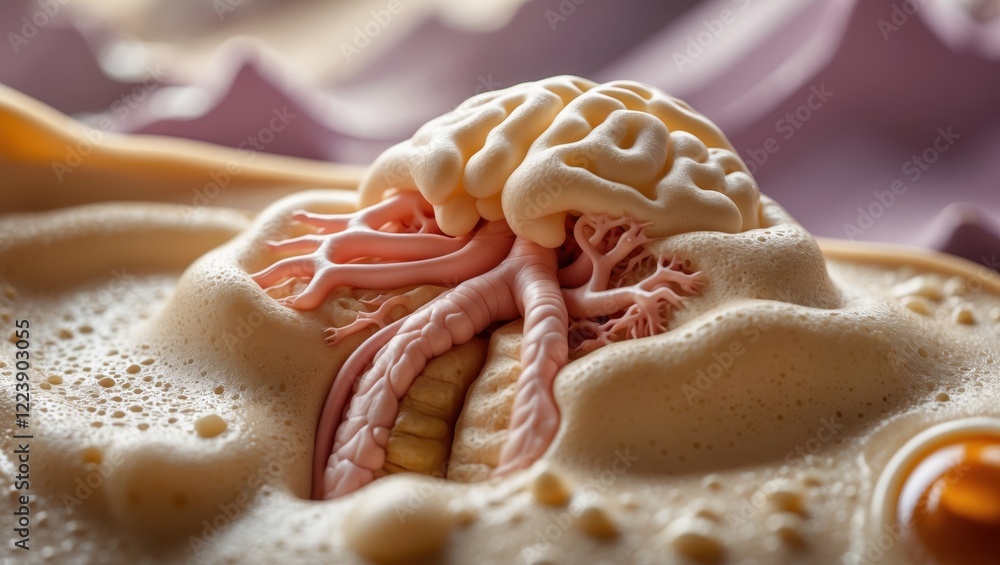 Poster a surreal depiction of a brain nestled in foam, blending organic elements with abstract textures in 
