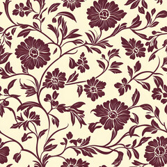 A floral pattern featuring maroon flowers and leaves on a cream background.