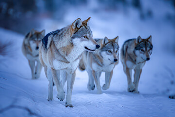 Naklejka premium Wolf pack traversing a snowy landscape at dusk.