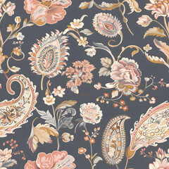 A floral pattern featuring paisley designs on a dark background.