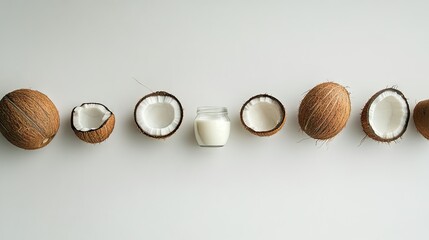 Fototapeta premium Collection of coconuts in various stages, from whole fruit to milk in a jar, on a clean white surface