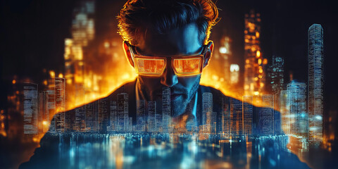 Businessman Wearing Virtual Reality Glasses With Real Estate Developer about Megapolis Project