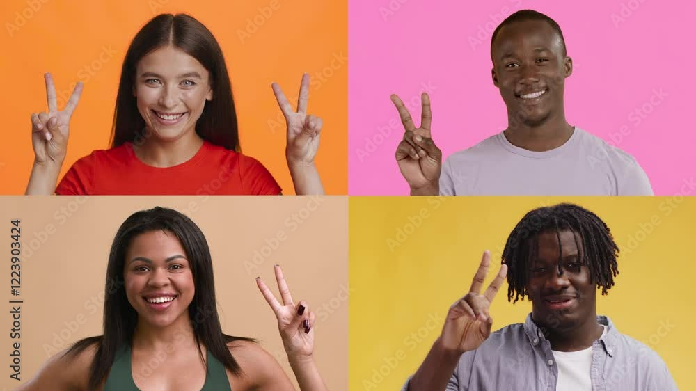Poster four individuals of diverse backgrounds are expressing positivity through gestures. each person show