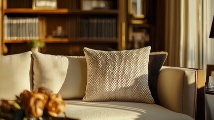 Sunlit living room sofa with textured throw pillows, bookshelves in background.