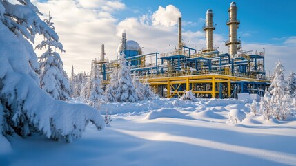 Snow-covered refinery in winter landscape.