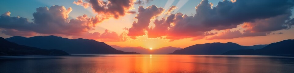 Naklejka premium Panoramic view of stunning sunset over calm sea, mountains. Colorful sky with orange, blue hues. Peaceful, serene scene perfect for travel, nature lovers. Ocean reflecting beautiful colors. Perfect