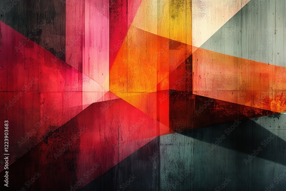 Poster wall with a vibrant red and yellow abstract design featuring geometric shapes and patterns