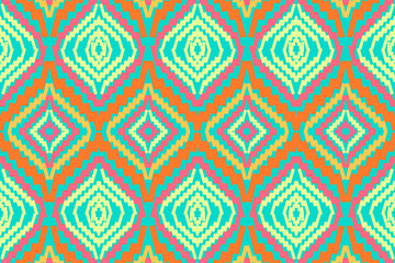 Ethnic Geometric Pattern with Teal and Orange Diamond Motifs on a Beige Background for Vibrant Decorative Art