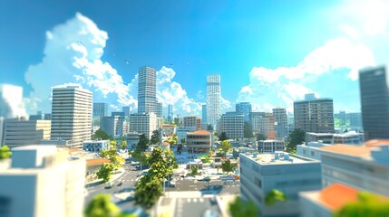 Sunny cityscape view with skyscrapers, buildings, roads, and blue sky.