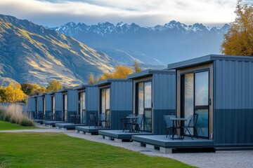 Scenic modular cabins nestled in mountain landscape queenstown accommodation photography outdoor serenity panoramic view