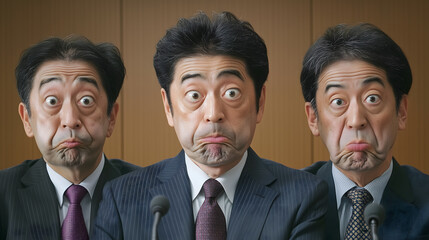 記者会見で変な顔をする3人の日本人男性