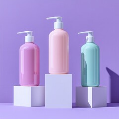 Promotional product photography studio cosmetic bottles minimalist display front view colorful aesthetics for marketing