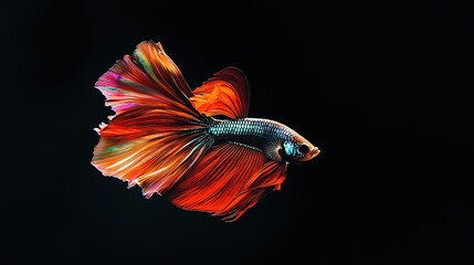 Vibrant orange and red betta fish with flowing fins against a black background.