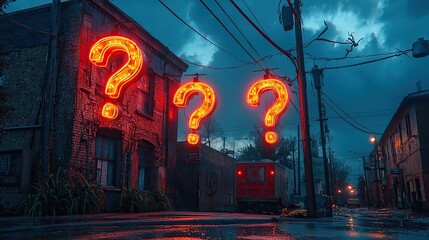 Fototapeta premium Illuminated Question Marks Adorn A Rainy City Alleyway