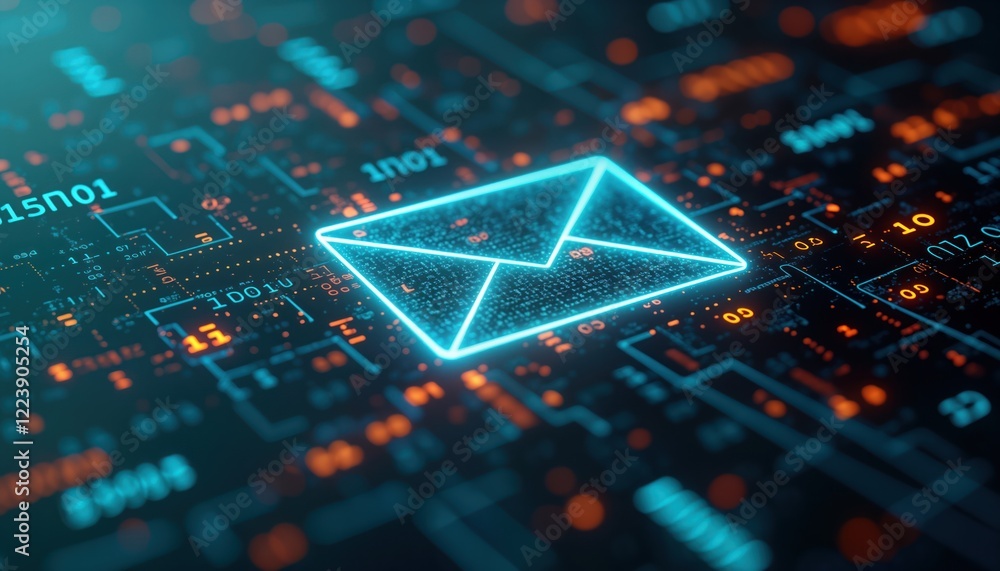 Poster Email icon glows with binary code. Email symbol highlighted on circuit board background. Digital data streams. Electronic communication concept. Modern tech illustration. Abstract network. Cyber