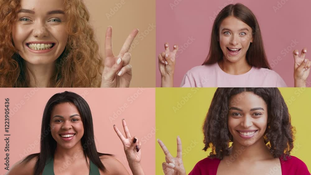 Aufkleber four multiracial people are smiling and making peace signs against colorful backgrounds. their joyfu