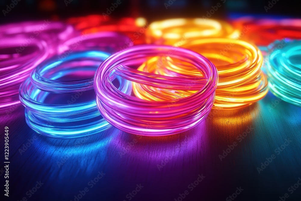 Poster colorful neon lights illuminating a table in a dark setting with vibrant colors and reflections