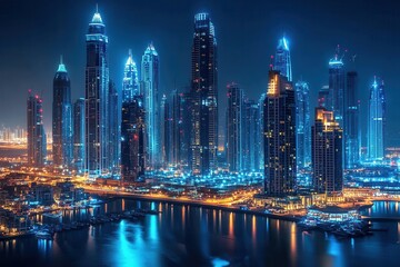 Stunning nighttime cityscape of Dubai's skyscrapers. Ideal for travel, real estate, and city themes, showcasing modern architecture and vibrant urban life.
