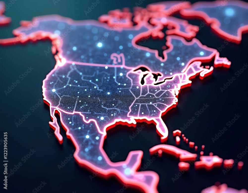 Poster Futuristic map of North America. Network lines glow neon orange, blue. Tech map shows intricate connections. Digital representation of data flow. Global interconnectedness visualized. Modern concept.