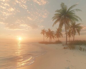 Obraz premium Tranquil sunset over a tropical beach with palm trees.