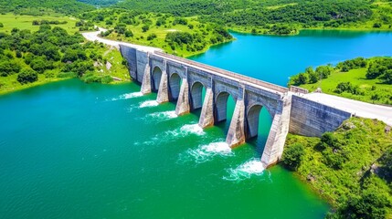 Hydropower Dam and Water Flow in Green Landscape of Renewable Energy Source