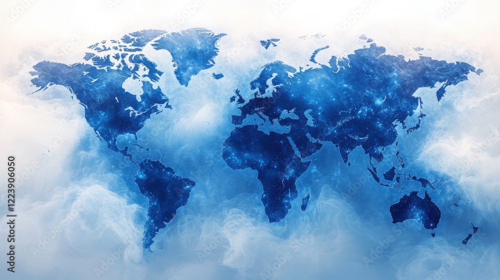 Poster abstract artistic representation of a world map surrounded by ethereal cloud effects, highlighting g
